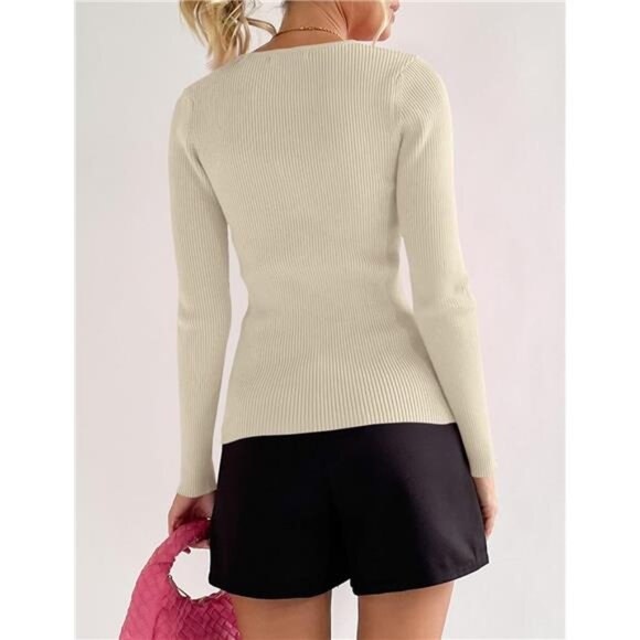 Women's Long Sleeve Button-Down V-Neck Slim Fitted Ribbed Knit Tee - Picture 6 of 8